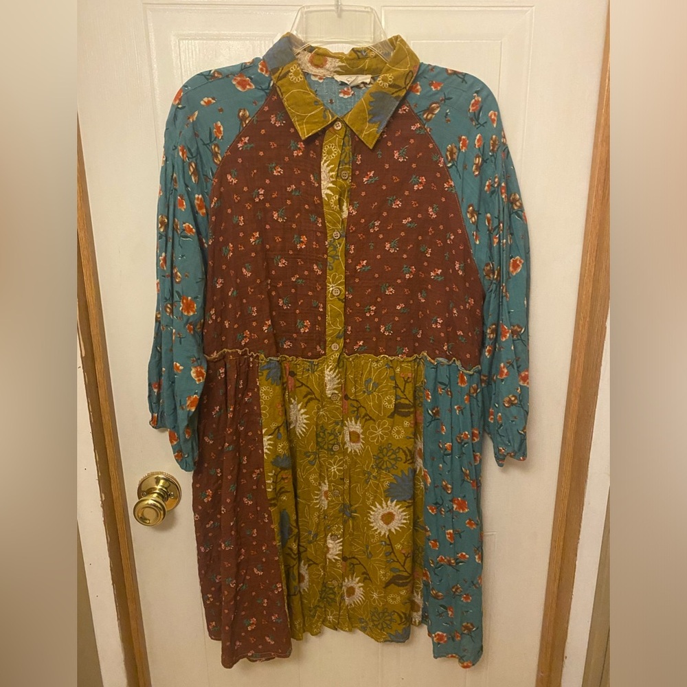 Easel Multicolor Floral Patchwork Boho Dress L - image 2